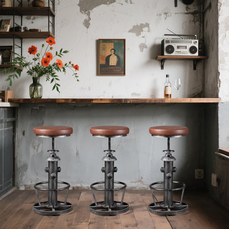 Topower Antique Industrial Round Bottom Adjustable Height Cafe Coffee Retro Vintage Stylish Water Pipe Design Pub Kitchen Bar Stool (Silver, PU Leather Top) - Image 3